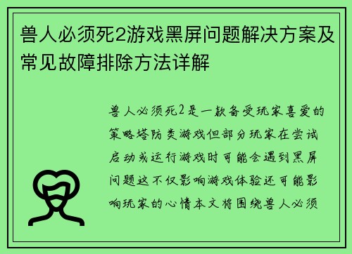 兽人必须死2游戏黑屏问题解决方案及常见故障排除方法详解